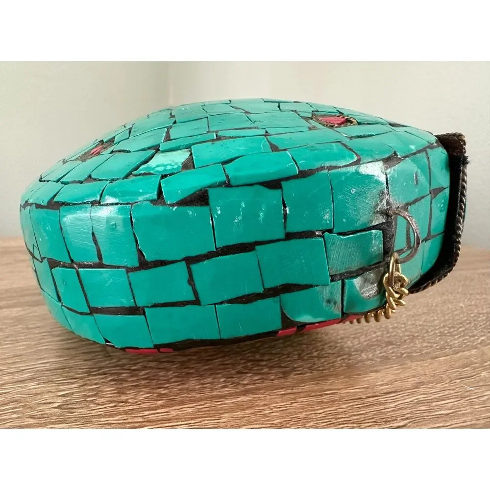 Vintage Turquoise Mosaic Tile Purse Coral Stone Inlay Crossbody Gold Chain Bag